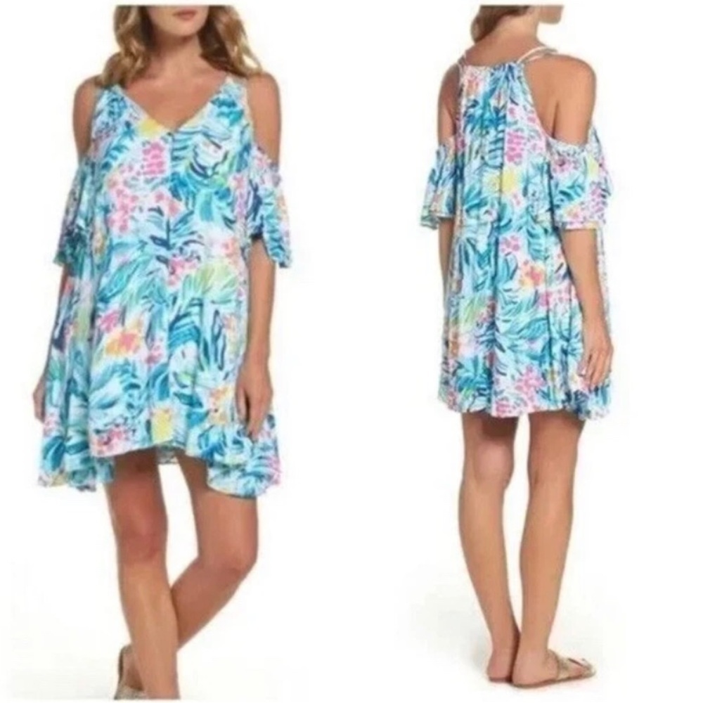 Lilly Pulitzer Blue Multi Tropical Cold-Shoulder Shift Dress